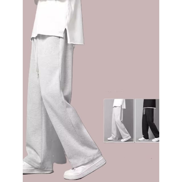 Acrius-Drawstring Waist Plain Straight Leg Sweatpants