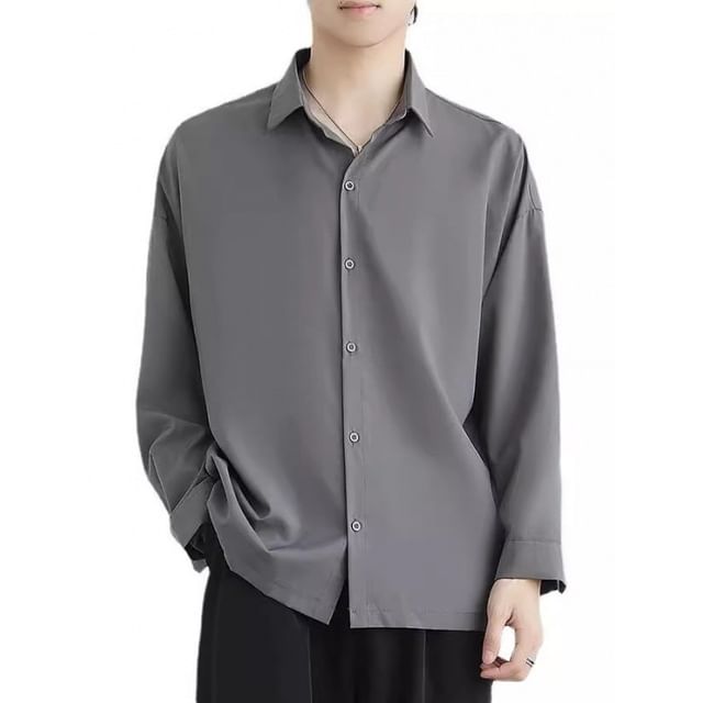 Acrius-Long-Sleeve Button-Up Plain Shirt