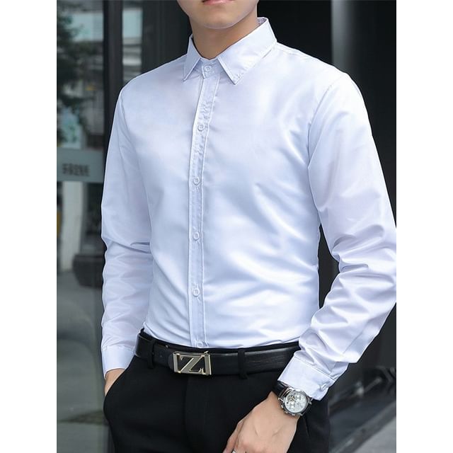 Acrius-Long-Sleeve Collared Plain Button Up Work Shirt