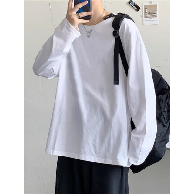 Acrius-Long-Sleeve Crew Neck Plain T-Shirt