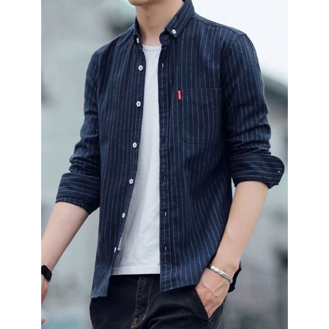 Acrius-Long-Sleeve Striped Fleece-Lined Button-Up Shirt