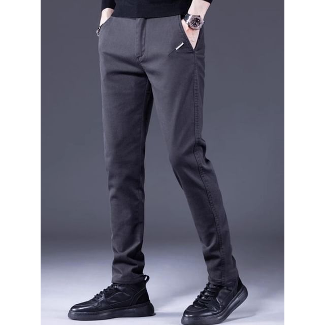 Acrius-Mid Rise Plain Fleece-Lined Straight Leg Pants