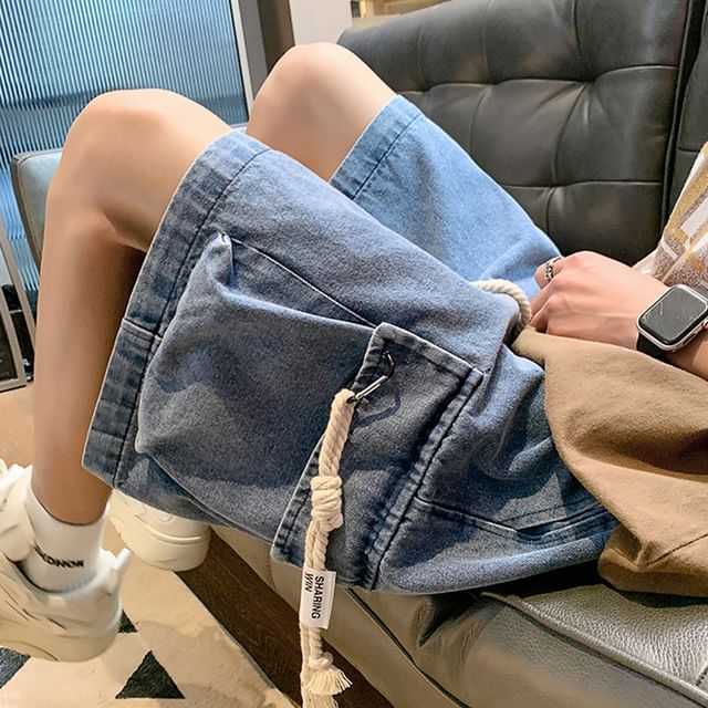 Acrius-Mid Rise Washed Denim Cargo Shorts