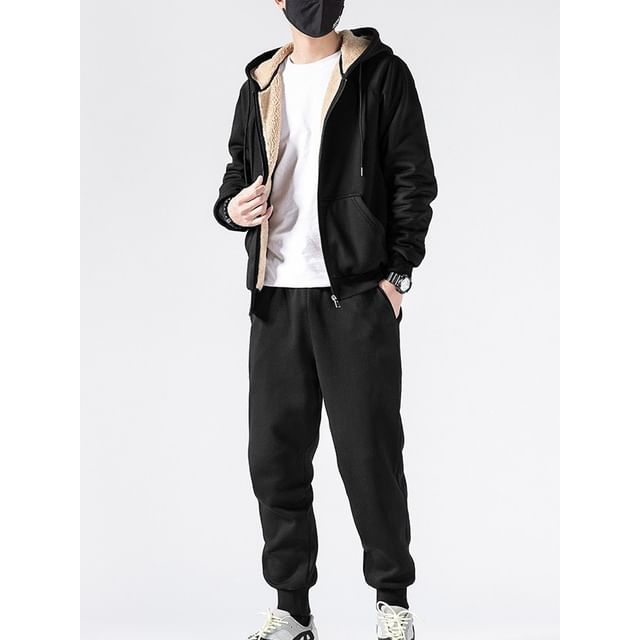 Acrius-Set Two Tone Fleece-Lined Hoodie Drawstring Waist Plain Cropped Tapered Sweatpants