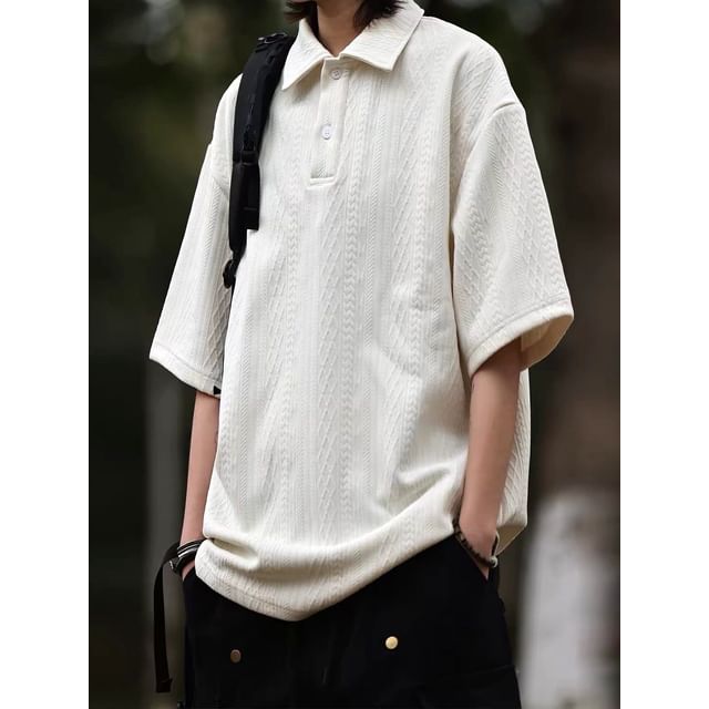 Adothuiastic-34-Sleeve Waffle Texture Plain Polo Shirt