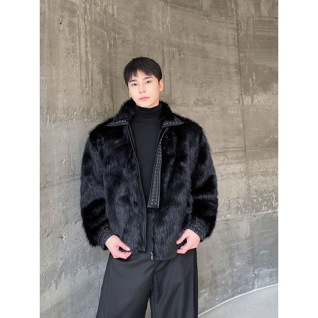 Adothuiastic-Collared Plain Studded Faux Fur Zip Jacket