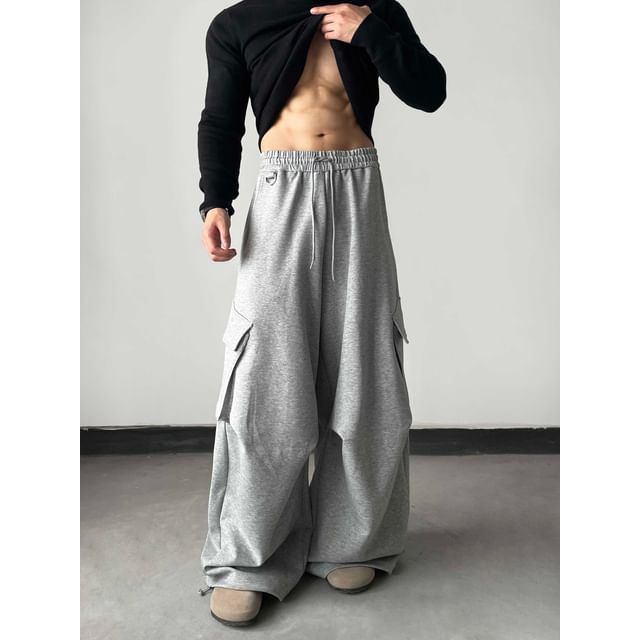 Adothuiastic-Drawstring Waist Plain Wide Leg Cargo Pants