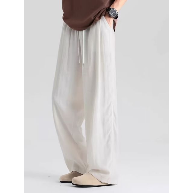 Adothuiastic-Drawstring Waist Plain Wide Leg Pants