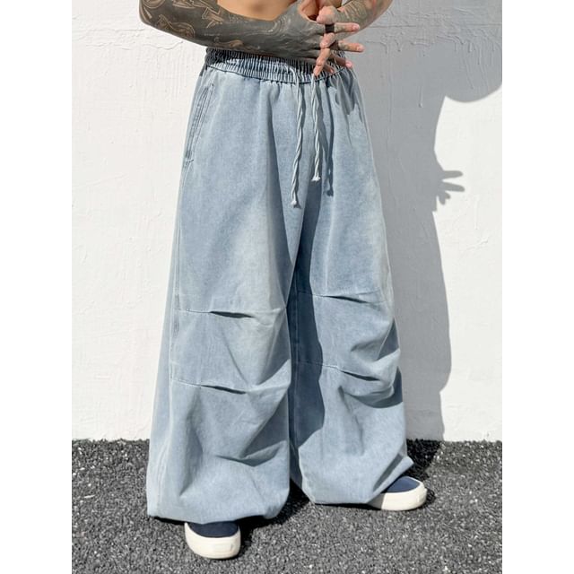 Adothuiastic-Drawstring Waist Wide Leg Baggy Jeans