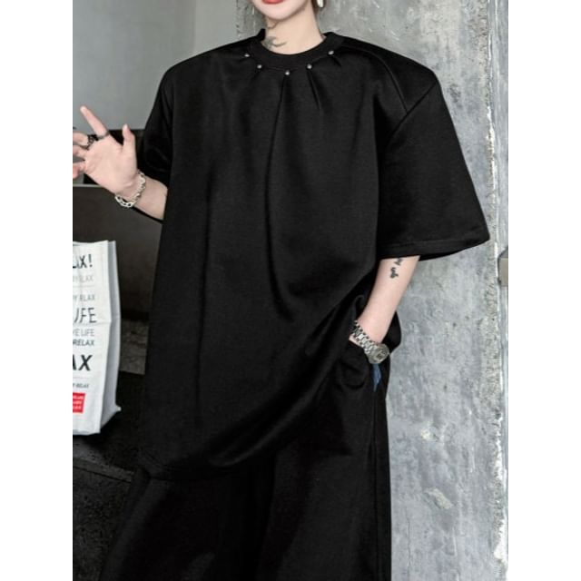 Adothuiastic-Elbow-Sleeve Crewneck Studded Plain T-Shirt