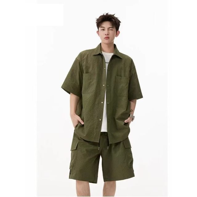 Adothuiastic-Elbow-Sleeve Pocketed Plain Shirt Cargo Shorts Set