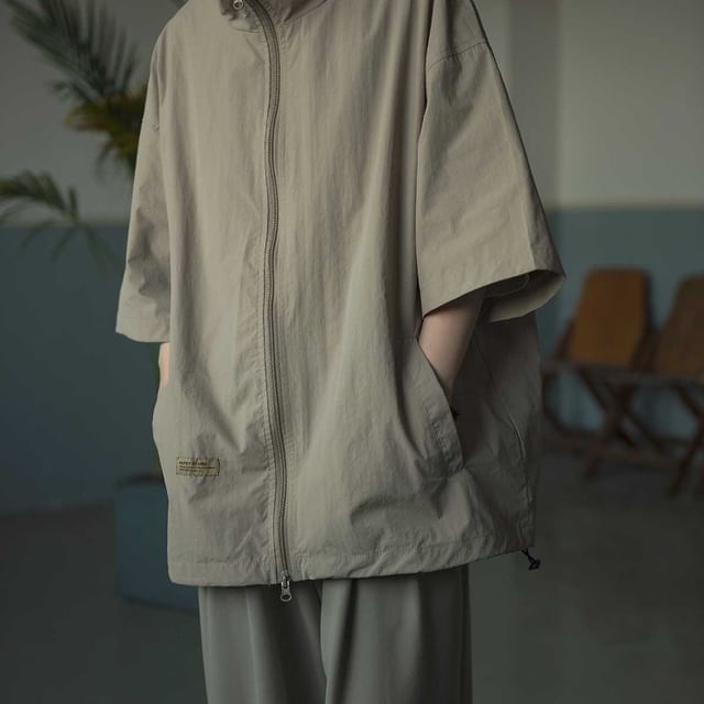 Adothuiastic-Elbow Sleeve Stand Collar Plain Zip Jacket