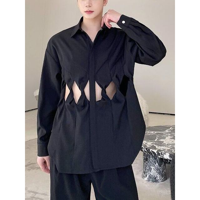 Adothuiastic-Long-Sleeve Cutout Plain Shirt