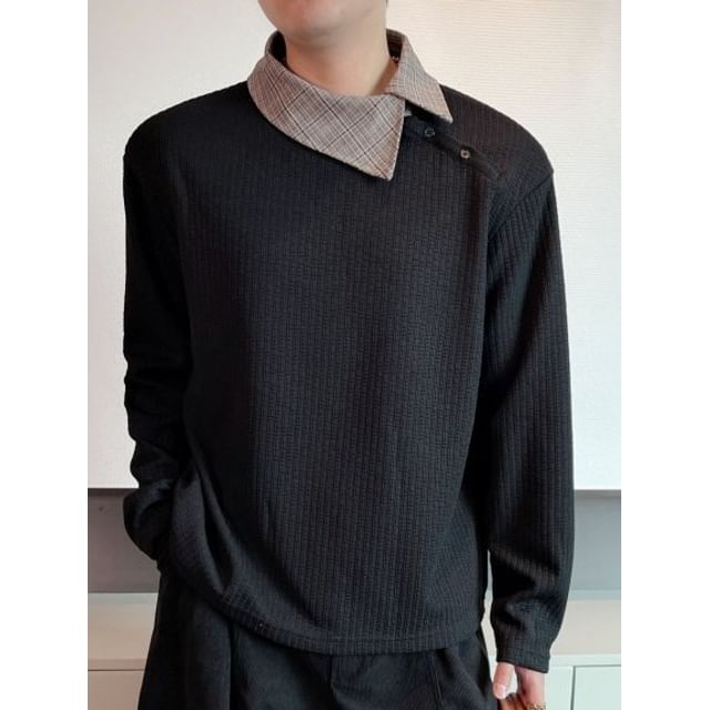 Adothuiastic-Long-Sleeve Plaid Collar Asymmetrical Top