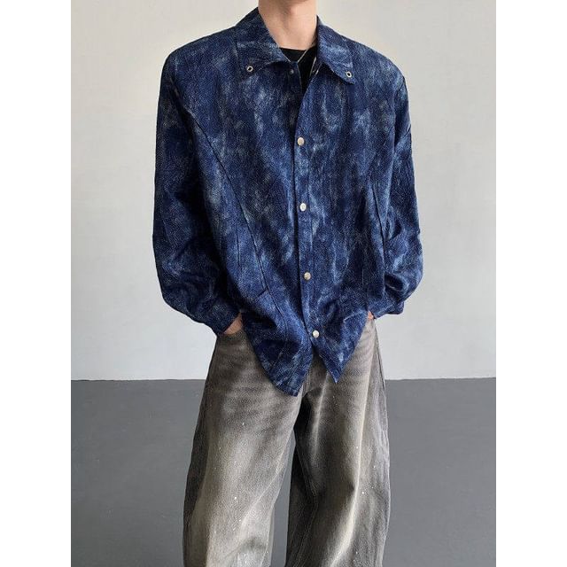 Adothuiastic-Long-Sleeve Tie Dye Button-Up Denim Shirt