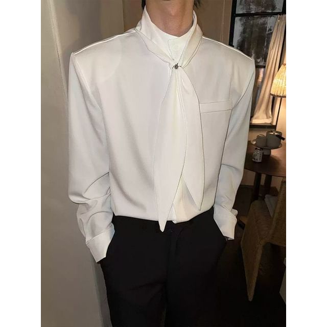 Adothuiastic-Long-Sleeve Tie Neck Plain Shirt