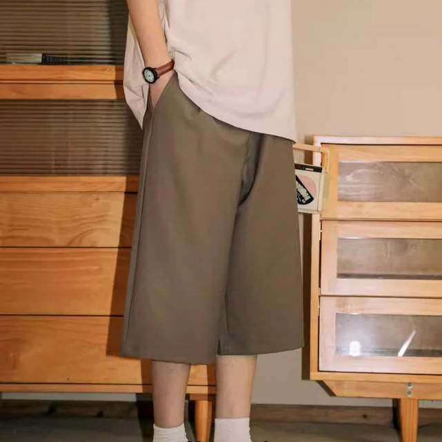 Adothuiastic-Mid Rise Plain Capri Wide Leg Pants