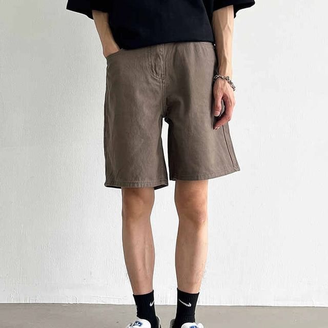 Adothuiastic-Mid Rise Plain Denim Shorts
