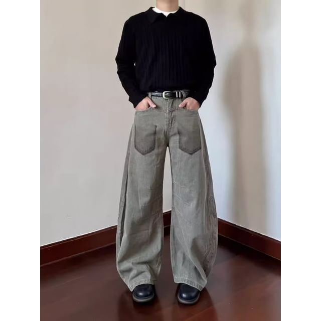 Adothuiastic-Mid Waist Barrel Leg Baggy Jeans