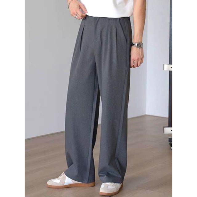 Adothuiastic-Mid Waist Plain Loose Fit Dress Pants