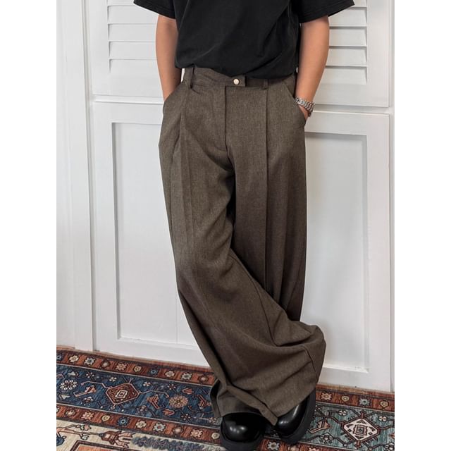 Adothuiastic-Mid Waist Plain Wide Leg Dress Pants