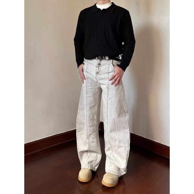 Adothuiastic-Mid Waist Washed Barrel Leg Baggy Jeans