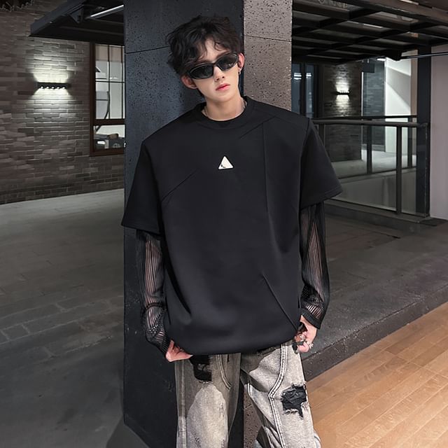 Adothuiastic-Mock Two-Piece Long-Sleeve Crew Neck Logo Mesh Panel T-Shirt
