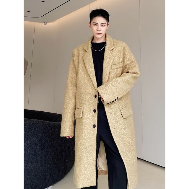 Adothuiastic-Notch Lapel Plain Fleece Midi Button Coat