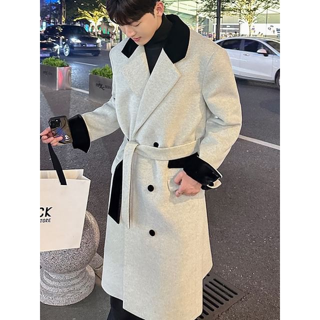 Adothuiastic-Peak Lapel Two Tone Midi Double Breasted Coat