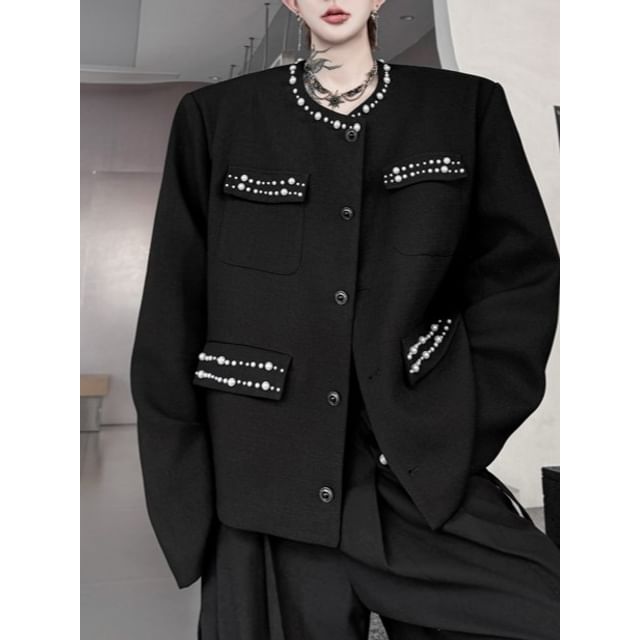 Adothuiastic-Plain Faux Pearl Single-Breasted Jacket