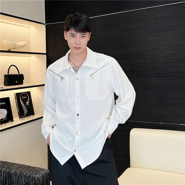 Adothuiastic-Plain Zip Detail Button-Up Shirt