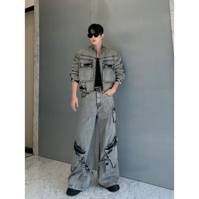 Adothuiastic-Set Band Collar Washed Panel Button Denim Jacket Mid Rise Wide Leg Cargo Jeans