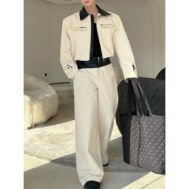 Adothuiastic-Set Collared Two Tone Panel Faux Leather Zip Jacket Mid Rise Wide Leg Pants