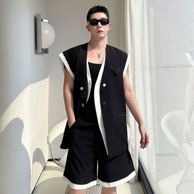 Adothuiastic-Set Contrast Trim Button-Up Vest Mid Rise Shorts