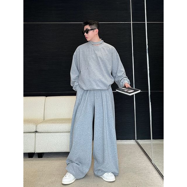 Adothuiastic-Set Crew Neck Plain Strapped Sweatshirt Drawstring Waist Wide Leg Sweatpants