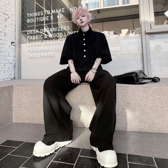 Adothuiastic-Set Elbow-Sleeve High Neck Plain Button-Up Top Mid Rise Wide Leg Pants