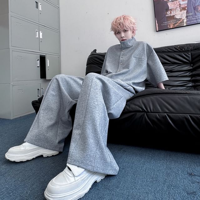 Adothuiastic-Set Elbow-Sleeve High Neck Plain Button-Up Top Mid Rise Wide Leg Pants
