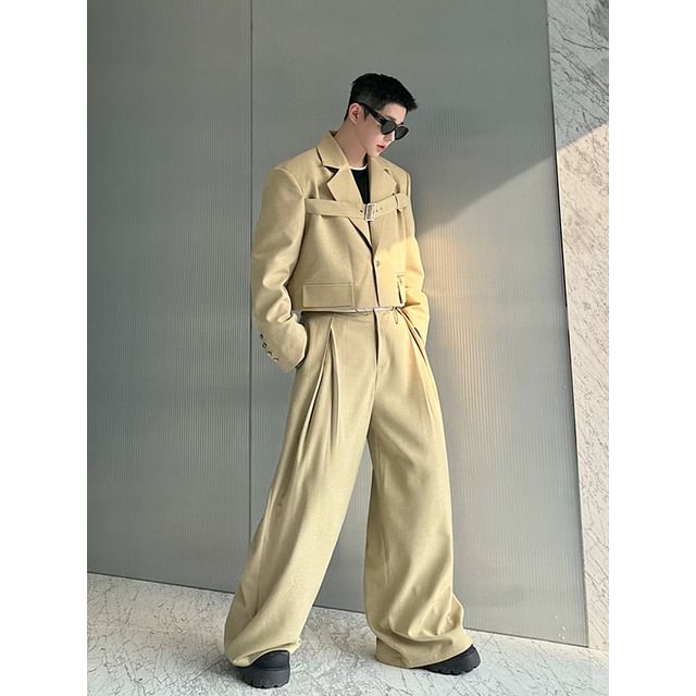 Adothuiastic-Set Peak Lapel Plain Buckle Crop Single Breasted Blazer Mid Rise Wide Leg Dress Pants