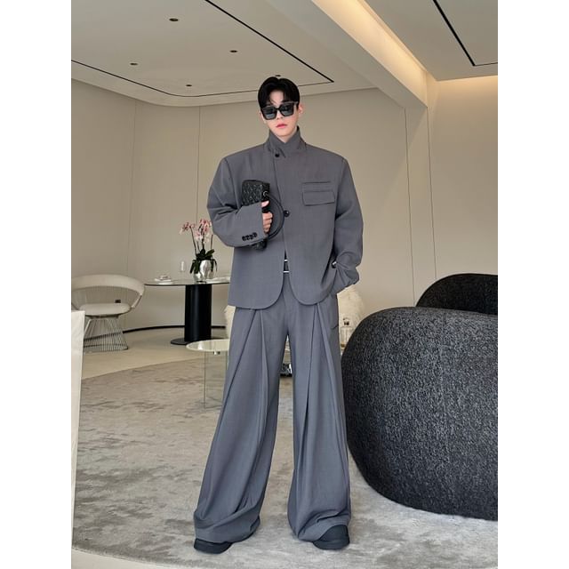 Adothuiastic-Set Peak Lapel Plain Single Breasted Blazer Mid Rise Wide Leg Dress Pants