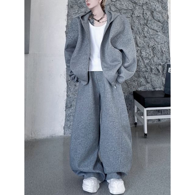 Adothuiastic-Set Plain Zip Hoodie Mid Rise Wide Leg Pants