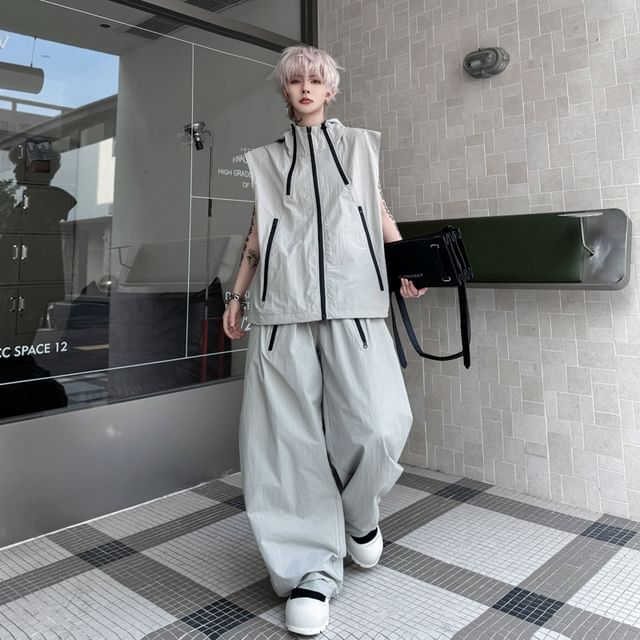 Adothuiastic-Set Plain Zip Utility Vest Mid Rise Wide Leg Pants