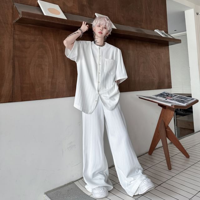 Adothuiastic-Set Short-Sleeve Plain Button-Up Shirt Mid Rise Wide Leg Pants