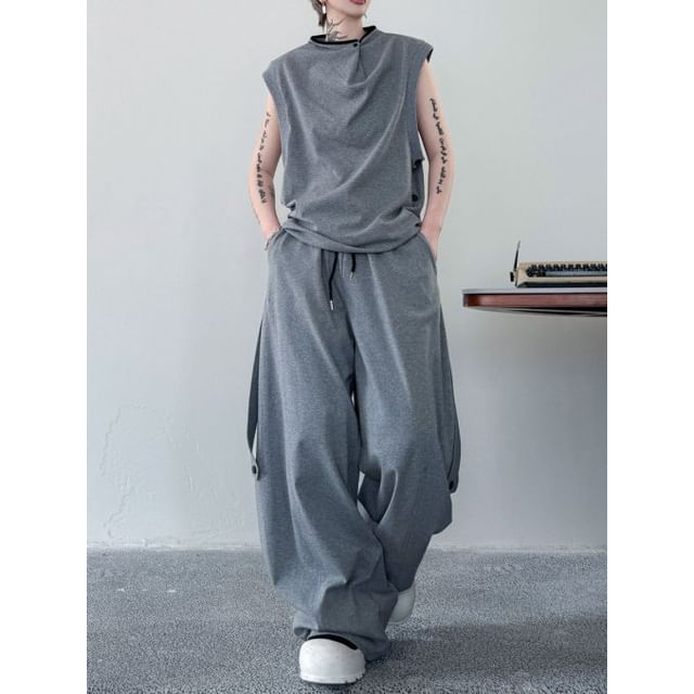 Adothuiastic-Set Sleeveless Plain Top Drawstring Waist Wide Leg Sweatpants