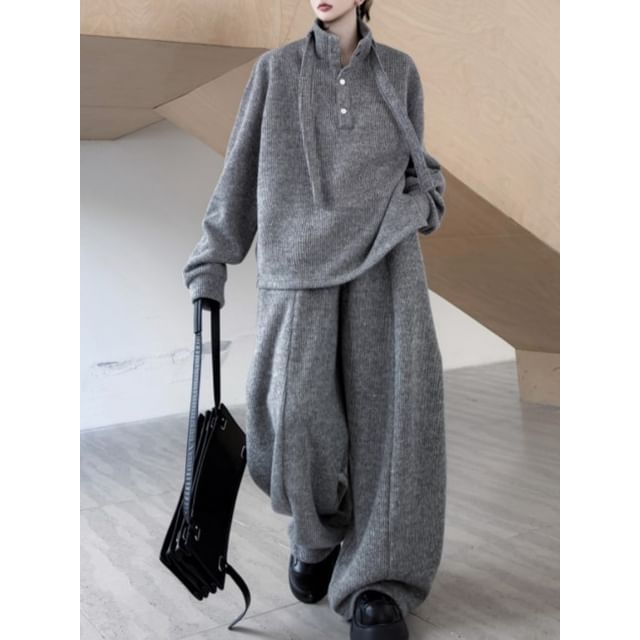 Adothuiastic-Set Stand Collar Henley Plain Fleece-Lined Sweatshirt Mid Rise Wide Leg Sweatpants