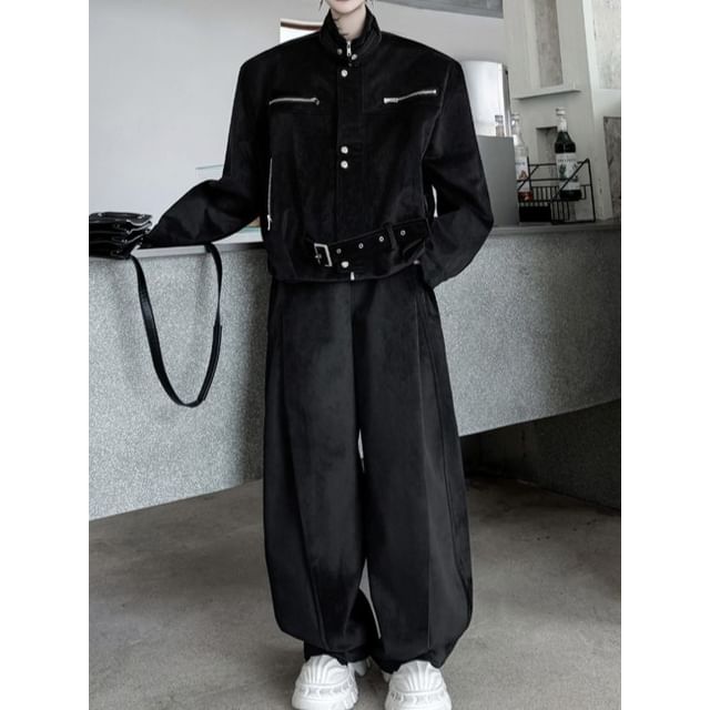 Adothuiastic-Set Stand Collar Plain Panel Zip Belted Jacket Mid Rise Straight Leg Pants