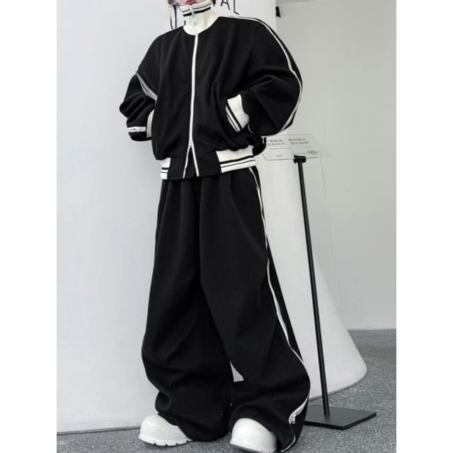Adothuiastic-Set Stand Collar Striped Zip Jacket Mid Rise Wide Leg Sweatpants