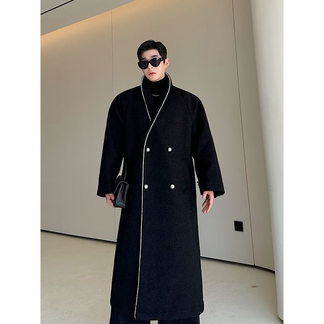 Adothuiastic-Shawl Collar Contrast Trim Midi Double Breasted Coat