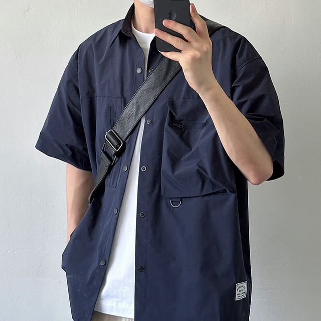 Adothuiastic-Short Sleeve Collared Plain Cargo Shirt