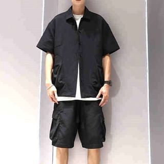 Adothuiastic-Short Sleeve Collared Plain Cargo Shirt Mid Rise Cargo Shorts