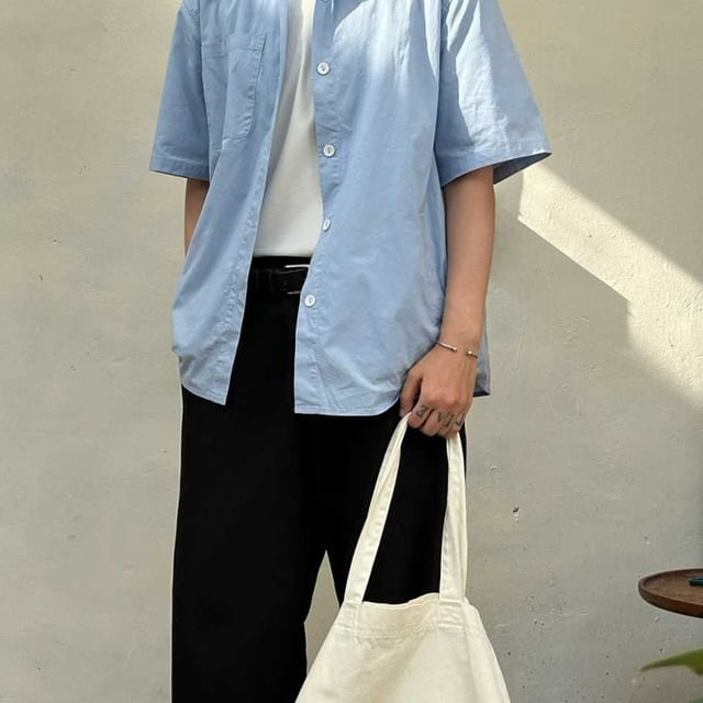 Adothuiastic-Short Sleeve Collared Plain Shirt